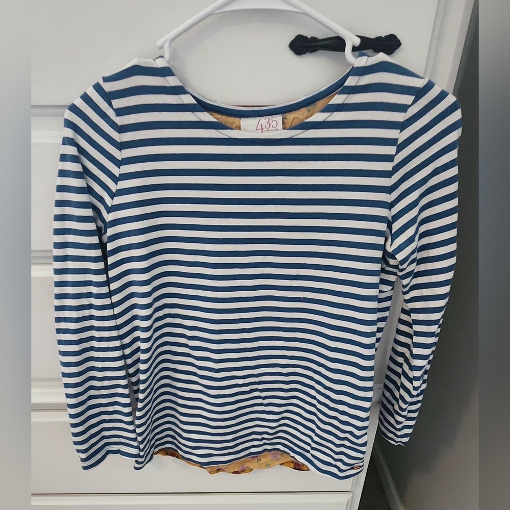 Matilda Jane 435 Sz 12 Choose Happiness Tee Top Floral Striped Navy White Orange
